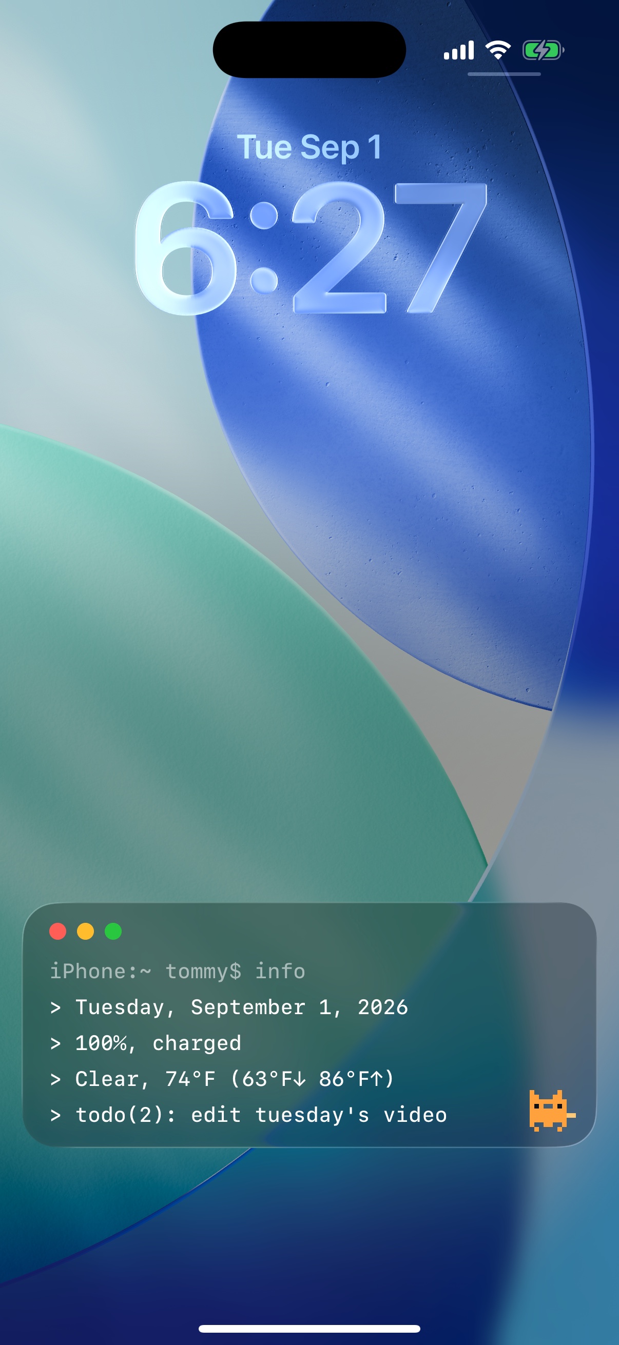 iPhone lock screen showing the LockTerm terminal window with date, battery, weather and a todo